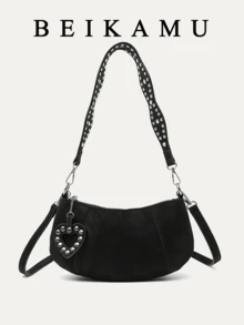 BEIKAMU Pandantiv în formă de inimă cu nituri la modă, geantă de umăr/subraț versatilă pentru femei, geantă crossbody cu curea lungă reglabilă, potrivită pentru universitate, naveta, cumpărături, plimbări, utilizare zilnică