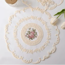 1pc/4pcs Set Floral Design Placemats, Floral Embroidered Polyester Coasters, Round Knitted Fabric Coasters, Heat Resistant & Anti-Slip, Suitable For Dining Table, Restaurant Decor And Home Decoration - Beige - View 9