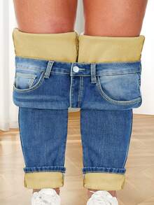 Winter Warm Thick Plus Size Mid Waist Washed Elastic Skinny Jeans With Whisker Details For Office Work Daily Wear - Blue - View 5