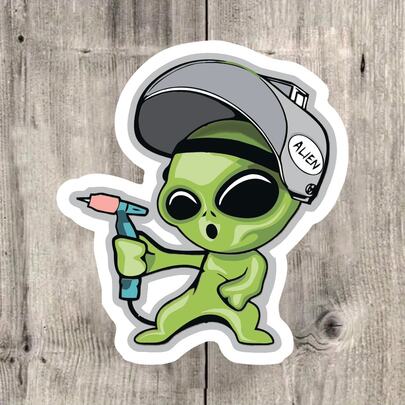 Pegatina de calcomanía de soldador alienígena - Alienígena verde de dibujos animados resistente al agua con máscara de soldadura, pegatina autoadhesiva, adecuada para coche, portátil, motocicleta, botella de agua, cuaderno - Diseño divertido, acabado mate, de un solo uso, decoración para portátil, forma única, impresión de alta calidad