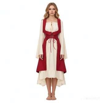 Medeltida hovklänning med dragsko, långärmad lotusblad, tvådelat set, sjal, strumpebandshållare, halloween, karnevalsfestset