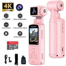 便携式 4K 运动相机，配备 270° 旋转镜头和 1.33 英寸 CMOS 传感器 - 可通过 USB 充电，内置麦克风，轻巧设计，适用于 VLOG、直播、户外探险、视频博客 | 旋转镜头相机 | 耐用的 VLOG 相机