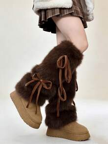 1 双 Y2K 风格毛绒腿套，带蝴蝶结绑带，白色/卡其色/棕色，适合秋冬季节穿着（可能会有轻微掉毛） - 彩色 - 查看 7