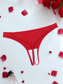 女士性感红色无裆丁字裤，印有“你让我心跳加速”的心形图案，弹力透气舒适，情人节内衣 - 紅色 - 查看 2