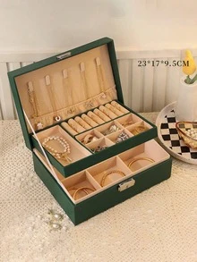 1pc Multifunctional Plaid Princess Cosmetic & Jewelry Box With Lock, Drawer, And Leather Surface For Storing Bracelets, Earrings, Necklaces And Other Accessories Back To School, Room Decor - One Size - View 9