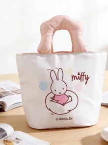 Fashionable Portable Lunch Bag, White Base With Pink Handle, Cute Cartoon Print, Fabric Material, Aluminum Foil Lining, Easy To Clean, Wide Handle For Comfortable Grip, Smooth Zipper Design, Large Capacity, Suitable For Daily Use, Lunch, Picnic, Leisure, Cartoon Enthusiasts, Young Women, Students, Office Workers, Etc.