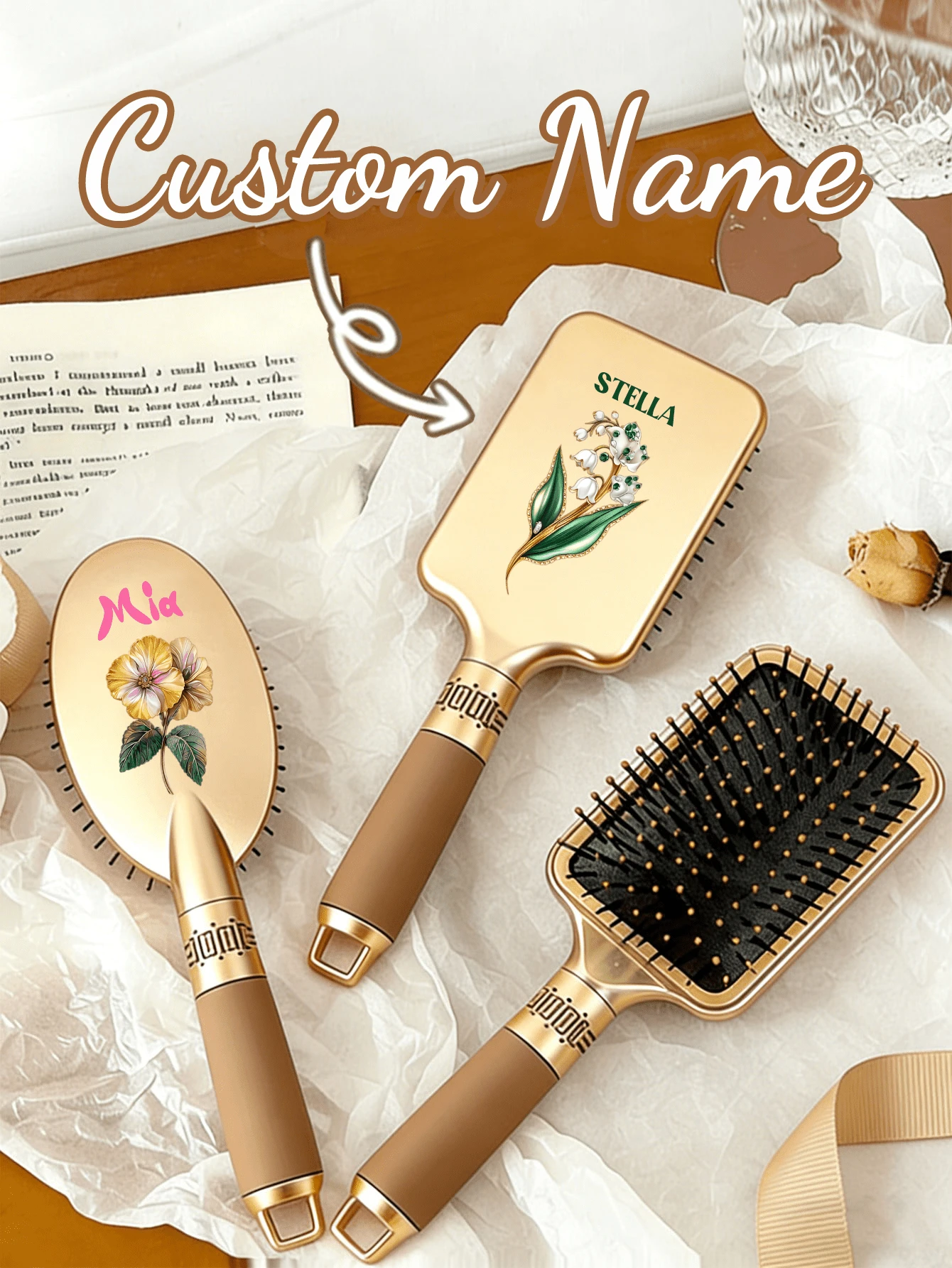 定制花卉图案梳子，个性化发梳，定制顺发梳，定制名字伴娘礼物，精致、时尚、复古、独特，适合日常使用、旅行、出差和送礼。女孩生日礼物、奶奶礼物、周年纪念礼物、情人节礼物、生日礼物、结婚礼物、母亲节礼物、闺蜜礼物 - 彩色 - 查看 1