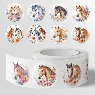 500 st/rulle klistermärken med blommiga hästmönster, storlek: 2,5 cm/1,0 tum, rund form, perfekt för presenter, nyårsdekorationer, bokdekorationer, kontorsmaterialdekorationer, presentdekorationer