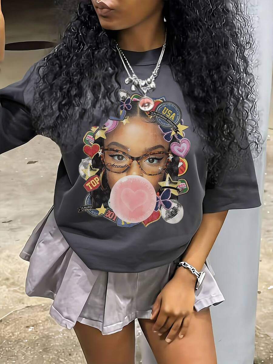 Tween Girl Cotten Clothes,Y2K-Inspired Letter Print T-Shirt - Casual Crew Neck, Short Sleeve, Machine Washable - Perfect For Spring/Summer/Fall,Fashion, Streetwear, Unisex, Men, Women - 深灰色 - 查看 1