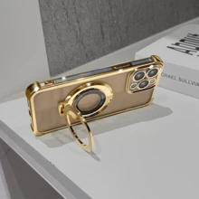 适用于 17/15 Pro Max 的防摔手机壳，带支架，采用奢华透明电镀工艺，提供镜头保护。兼容 17/6/7/8/X/XS/XR/11/12/13/14/15/16/16e、Galaxy S22/23/24/25/S24 FE/S25 EDGE、A04/05/06/A14/A15/A16/A24/A25/A34、Note 9/10/11/12/13、9/10/12/13C/14C、Honor X、HW、RENO C53/C55/C61/C63/C65/C75。 - 金色 - 查看 4