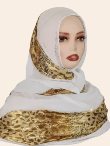 1 Stück modischer, eleganter muslimischer Hijab Kopftuch für Frauen, Patchwork Druckmuster mit Strass-Handwerkskunst, orientalischer Stil langer Schal - langer Schal im Patchwork-Stil mit Leopardenmuster - Übersicht 8