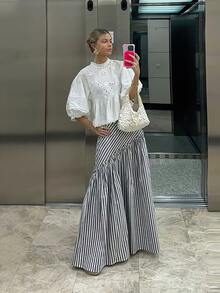 Women's Fashion Casual A-Line Striped Ruffle Hem Versatile Skirt - Black and White - View 3