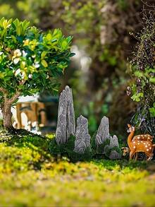 4件套，迷你禅意花园景观 - 灰色树脂岩石造型，适用于盆景景观装饰、仙境花园配件、花盆和玻璃容器装饰、迷你禅意花园景观装饰、盆景装饰配件、迷你盆景摆件装饰、花盆和玻璃容器装饰 - 彩色 - 查看 7