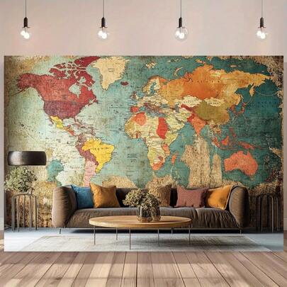 1件超大城市背景横幅 - 复古世界地图设计，色彩鲜艳，采用耐用涤纶面料制成，无需用电，适用于室内/室外派对、婚礼、生日、周年纪念日，可用作四季装饰、活动装饰、多功能家居装饰，轻便易携。