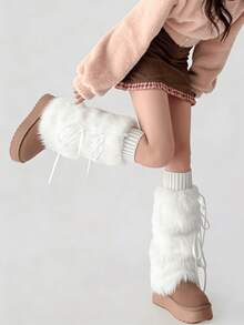 1 双 Y2K 风格毛绒腿套，带蝴蝶结绑带，白色/卡其色/棕色，适合秋冬季节穿着（可能会有轻微掉毛） - 彩色 - 查看 3