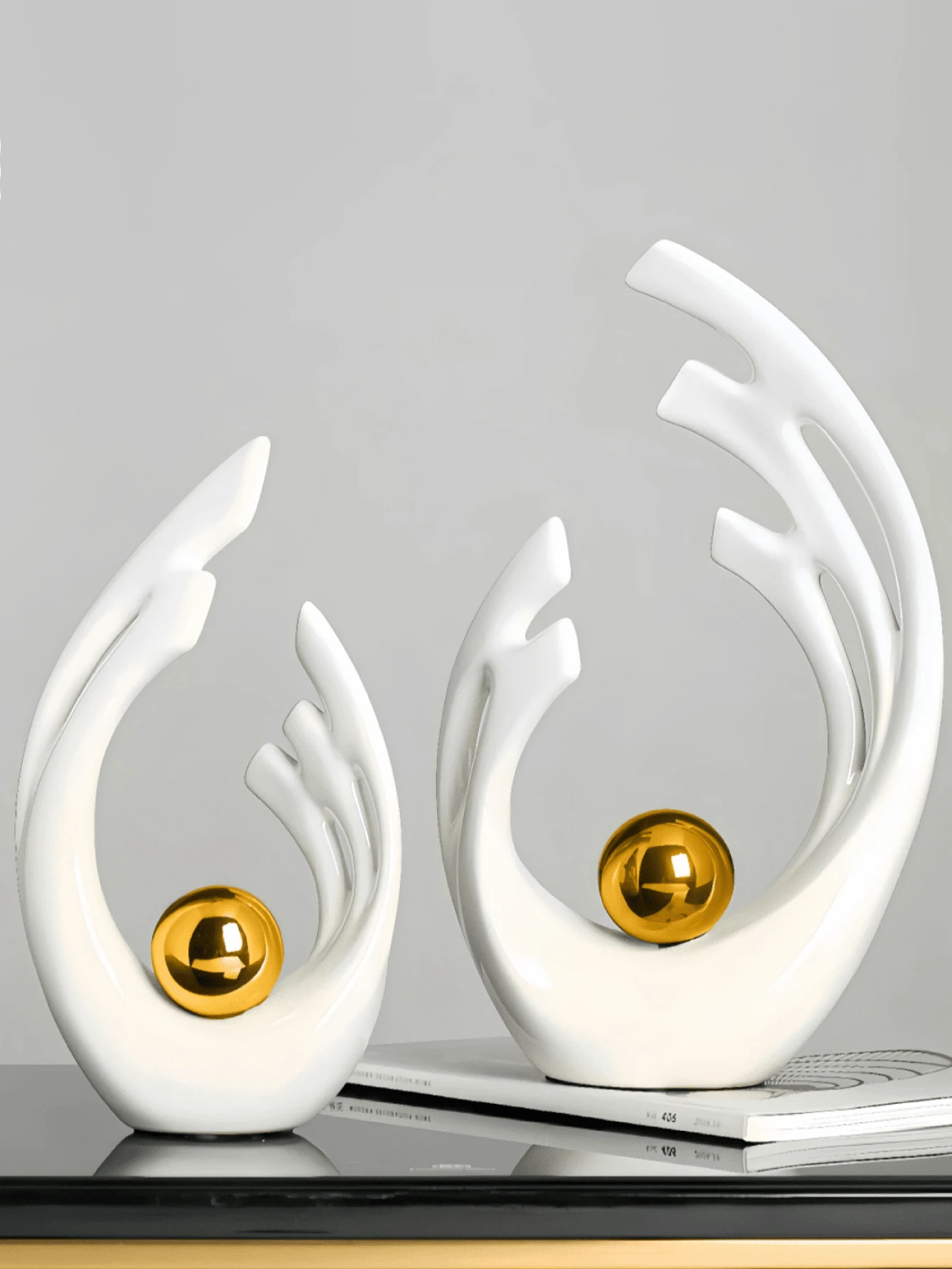 2 piezas de figuras decorativas blancas y doradas, decoración de dormitorio negro y dorado, estatuas de arte moderno abstracto, adecuadas para sala de estar, oficina, comedor, centro de mesa de comedor negro y dorado, adecuado para el comedor - Fénix platino - Ver 1