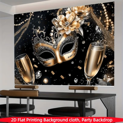 1-Piece 2D Luxury Venetian Masquerade Ball Backdrop Banner - Featuring A Design With Gold And Black Venetian Masks, Pearls, Champagne, And Beige/Gold Roses. Made Of Polyester, Perfect For Weddings, Banquets, Balls, Elegant Photo Booth Decorations, And Indoor/Outdoor Celebrations. Available In Multiple Sizes.