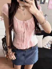 Women Y2K Button Down Shirt Cute Short Sleeve Square Neck Ruffle Trim Fitted Crop Top Retro Fairy Grunge Lace Patchwork Frilled Tees Summer Streetwear Going Out Coquette Blouse - 粉色 - 查看 2