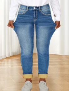 Winter Warm Thick Plus Size Mid Waist Washed Elastic Skinny Jeans With Whisker Details For Office Work Daily Wear - Blue - View 2