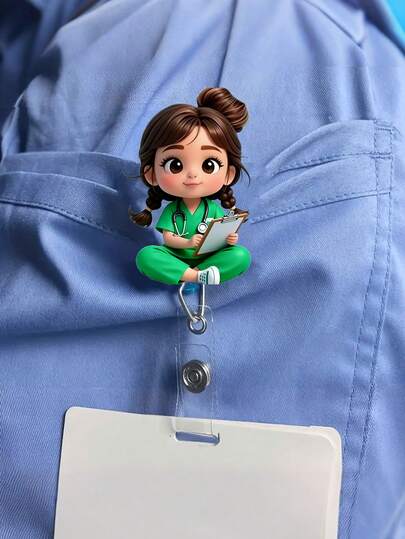 2D Flat Acrylic Nurse Girl ID Card Holder - Retractable Badge Reel, Durable Tag, Suitable For Medical Students And Practicing Nurses - Durable PMMA Material, For Workplace Identification, Medical Tag Clip | Fun Design | Durable Acrylic Material, Nurse Accessories, Back To School, Teacher Gift