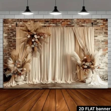 Cortinas de estilo bohemio de color marrón con juncos claros y flores blancas - Fondo de fotografía de poliéster de alta calidad, lavable y planchable para pancartas de fiesta, creando una decoración vibrante