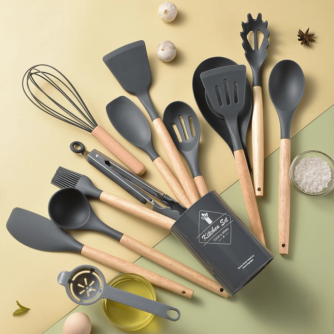 Complete 14 - Piece Set Of Kitchen Utensil Set Silicone Non Stick Spatula, Turner, Spoon, And Whisk -Wooden Handle & Hanging Loop Design - Perfect For Home Kitchen, Picnics, And Camping Trips, Cookware Gift - Black - View 1
