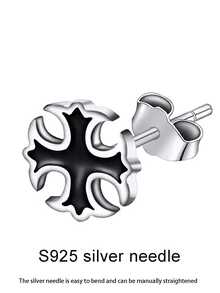 1pc Titanium Steel Men's Cross Earring, Dark Style Personalized Design, Niche Men's Earring, Bone Stud - Antique Silver - View 12