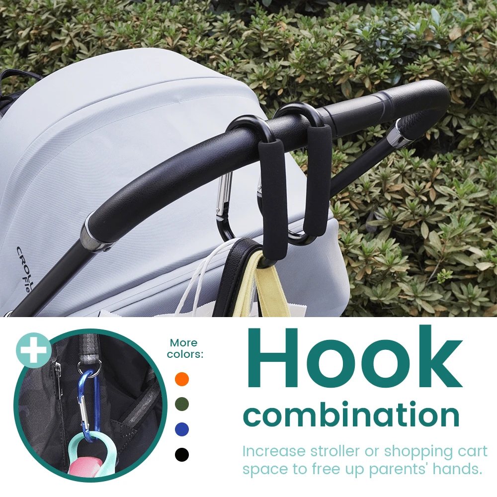 Baby Stroller Hooks For Hanging Diaper Bags - Universal Stroller Clips And Hooks, 5.5 Inch+3 Inch Heavy Duty Aluminum Carabiner Clip, One-Handed Operation, Baby Travel Essential