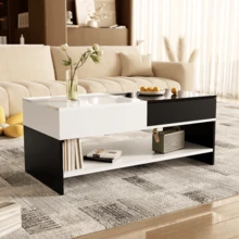 Modern Coffee Table With 2 Drawers – Black And White Design, Storage Space, Glossy Lacquered Top, Length 100 Cm - Black - View 7