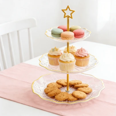 3-Tier Cupcake Stand, Dessert Tray, Ramadan Tray Moon/Star Top Gold Rimmed Cake Stand, Party, Wedding, Birthday, Dessert Display Rack, Eid Mubarak