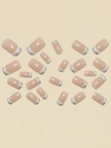 24pcs French Manicure Nails, Silver White Trim, Press-On Artificial Nails, Y2K Nail Art - Silver - View 3