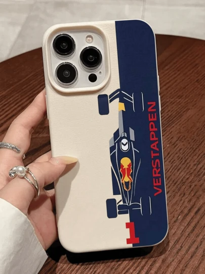 1pc Car Element Leather Texture Letter & Number Formula Racing Car Pattern Phone Case Fashionable Shock-Proof Protective Cover Compatible With IPhone 17/16/15/14/13/12/11/Pro/Pro Max/Plus Suitable As Birthday Anniversary Gift For Couples Family And Friends