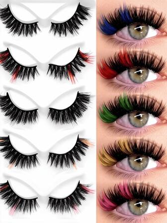 5 Pairs Colorful Cat Eye Style False Eyelashes, Multi-Color Mix (Red, Green) Available, 3D Faux Mink Hair Elongated Curly Lashes, Suitable For Christmas, Halloween, Carnival Parties