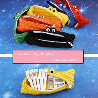 1 st kreativt pennfodral för brevpapper, minimalistiskt sött tecknat monster med dragkedja, stor kapacitet i kanvas med pennfodral för studenter, roliga presenter till skolan, sminkväska