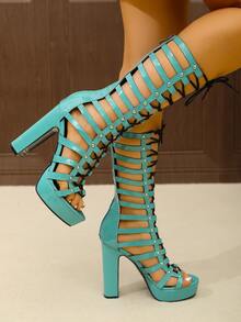 Plus Size High Heel High Top Lace-Up Shoes Fashionable Strap Design Comfortable Support Stable Step - màu đen - Xem 7