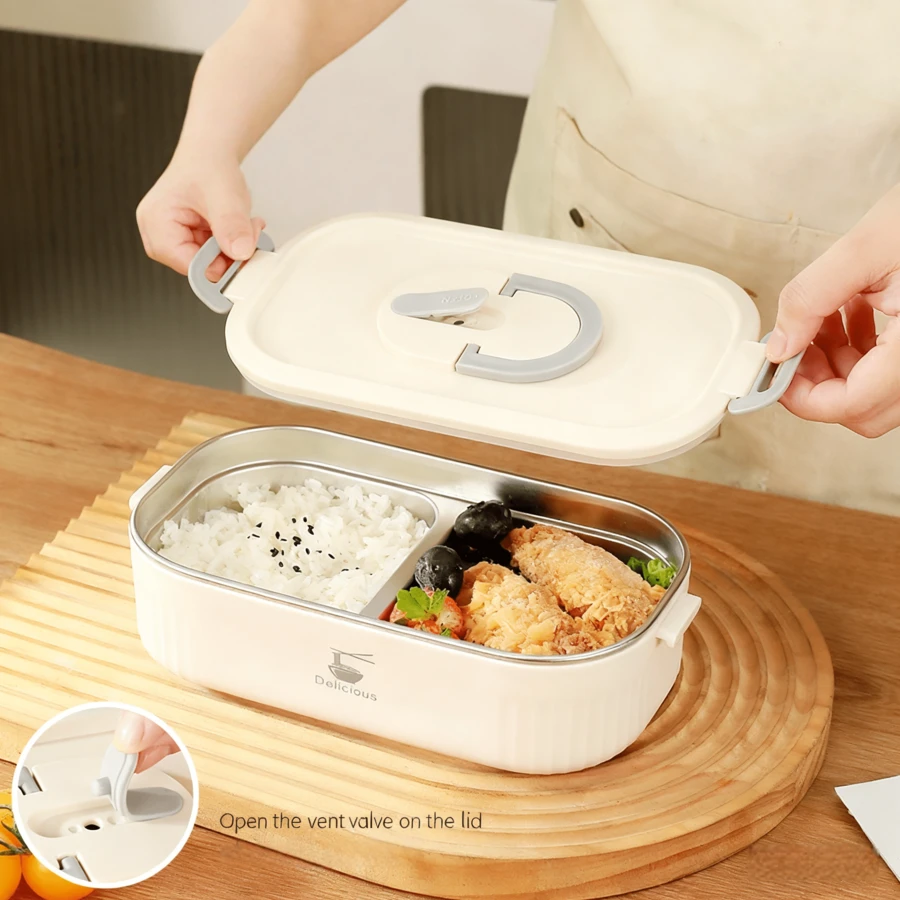 Rectangular Lunch Box, Student Bento Box, Double-Compartment Insulated Lunch Box, 304 Stainless Steel, Keeps Food Warm For 12 Hours - 1/2 Size - View 1