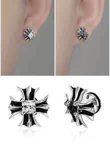 1pc Titanium Steel Men's Cross Earring, Dark Style Personalized Design, Niche Men's Earring, Bone Stud - Antique Silver - View 3