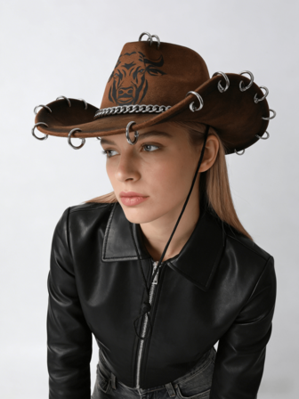 1pc Unisex Hand-Painted Gradient Cow Print Cowboy Hat, Unique 3D Metal Earring & Cuban Chain Decor Sun Hat, New Vintage Cyberpunk Style Adjustable Wide Brim Cap, Street Fashion Looks, Gift For Men, Suitable For Parties, Western Themed Events, Gatherings, Cosplay, Graduation, Masquerade, Festivals, Birthdays, Music Festivals, Hiking