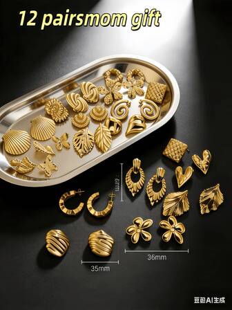 12er Set Edelstahl Ohrringe, Gold - Geeignet für den täglichen Gebrauch und als Geschenk, Ohrhänger für Frauen