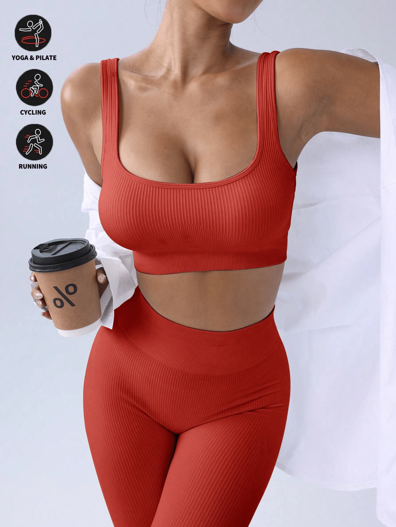 2pcs/Set Seamless Camisole And Leggings, Breathable And Comfortable, Soft And Skin-Friendly, Suitable For Daily Wear, Outdoor, Sports, Fitness, Women Activewear Set, Women Sportswear Set, Leggings 2 Pieces - Red Orange - View 1