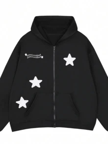 女士连帽抓绒外套，星形印花，涤纶材质，可机洗，拉链前襟带口袋，保暖休闲，运动街头风，适合徒步旅行、户外活动，秋冬春季穿着。 - 黑色 - 查看 8