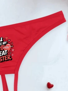 女士性感红色无裆丁字裤，印有“你让我心跳加速”的心形图案，弹力透气舒适，情人节内衣 - 紅色 - 查看 4