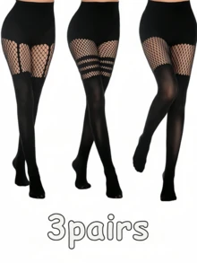 3pcs Sexy Hollow Out Pantyhose, Hollow Suspender Fishnet Stockings, Nightclub Goth Black Lace Fishnet Tights (Fits 0XL-2XL, Up To 135lbs)