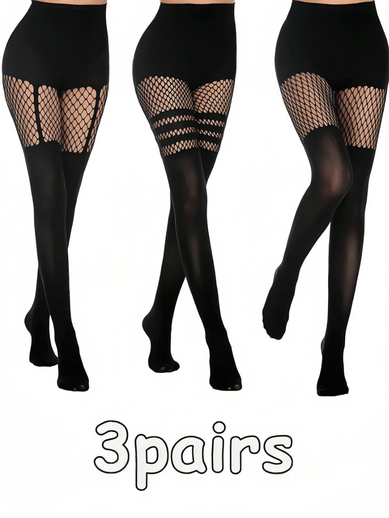3pcs Sexy Hollow Out Pantyhose, Hollow Suspender Fishnet Stockings, Nightclub Goth Black Lace Fishnet Tights (Fits 0XL-2XL, Up To 135lbs)