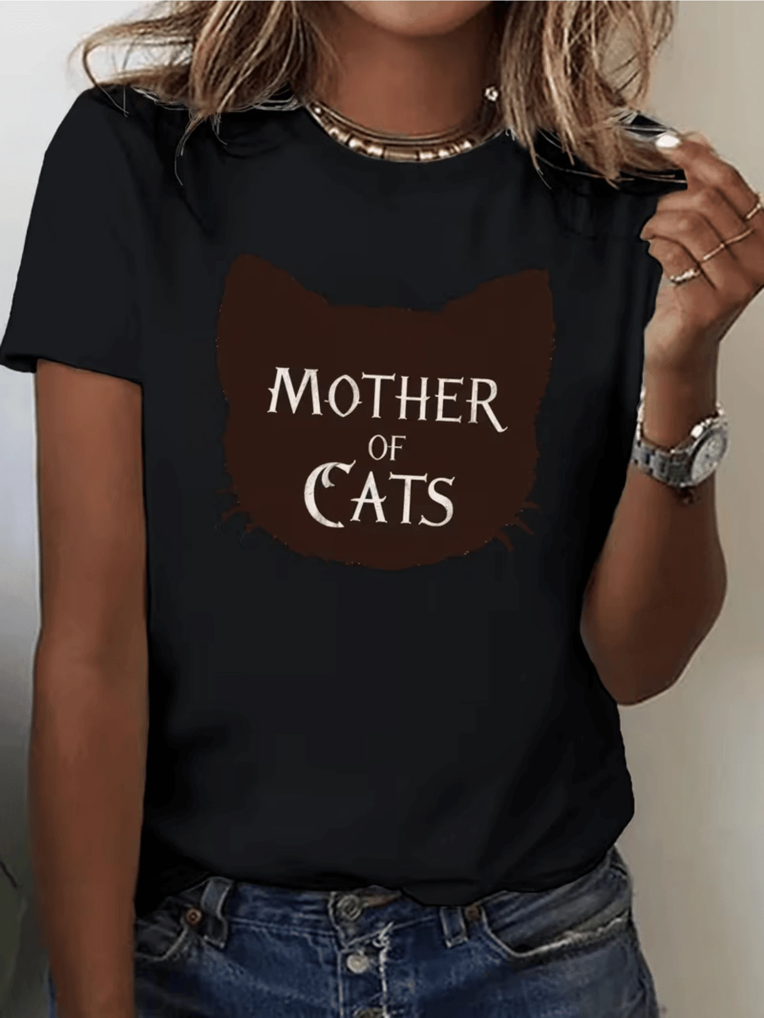 Dark-Colored Cat Head Silhouette With A Phrase Celebrating Love And Care For Felines. Women's T-Shirt, 100% Soft And Comfortable Cotton, 220g - 黑色 - 查看 1