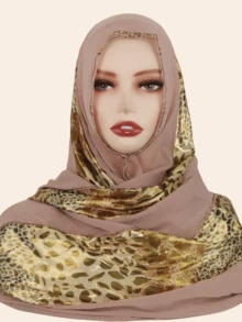 1 Stück modischer, eleganter muslimischer Hijab Kopftuch für Frauen, Patchwork Druckmuster mit Strass-Handwerkskunst, orientalischer Stil langer Schal - langer Schal im Patchwork-Stil mit Leopardenmuster - Übersicht 11