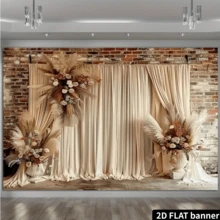 Cortinas de estilo bohemio de color marrón con juncos claros y flores blancas - Fondo de fotografía de poliéster de alta calidad, lavable y planchable para pancartas de fiesta, creando una decoración vibrante