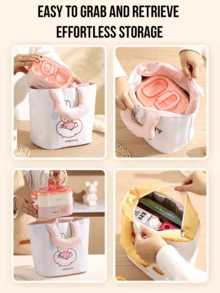 Fashionable Portable Lunch Bag, White Base With Pink Handle, Cute Cartoon Print, Fabric Material, Aluminum Foil Lining, Easy To Clean, Wide Handle For Comfortable Grip, Smooth Zipper Design, Large Capacity, Suitable For Daily Use, Lunch, Picnic, Leisure, Cartoon Enthusiasts, Young Women, Students, Office Workers, Etc.