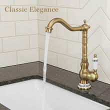 单孔浴室洗脸盆龙头 - 360度旋转混合龙头，陶瓷底座设计，适用于盥洗台/洗脸盆/浴室洗脸盆，冷热水浴室洗脸盆龙头，可旋转浴室洗脸盆水龙头，G1/2接口，带2根60厘米软管，G3/8转接头 - 仿古 - 查看 2