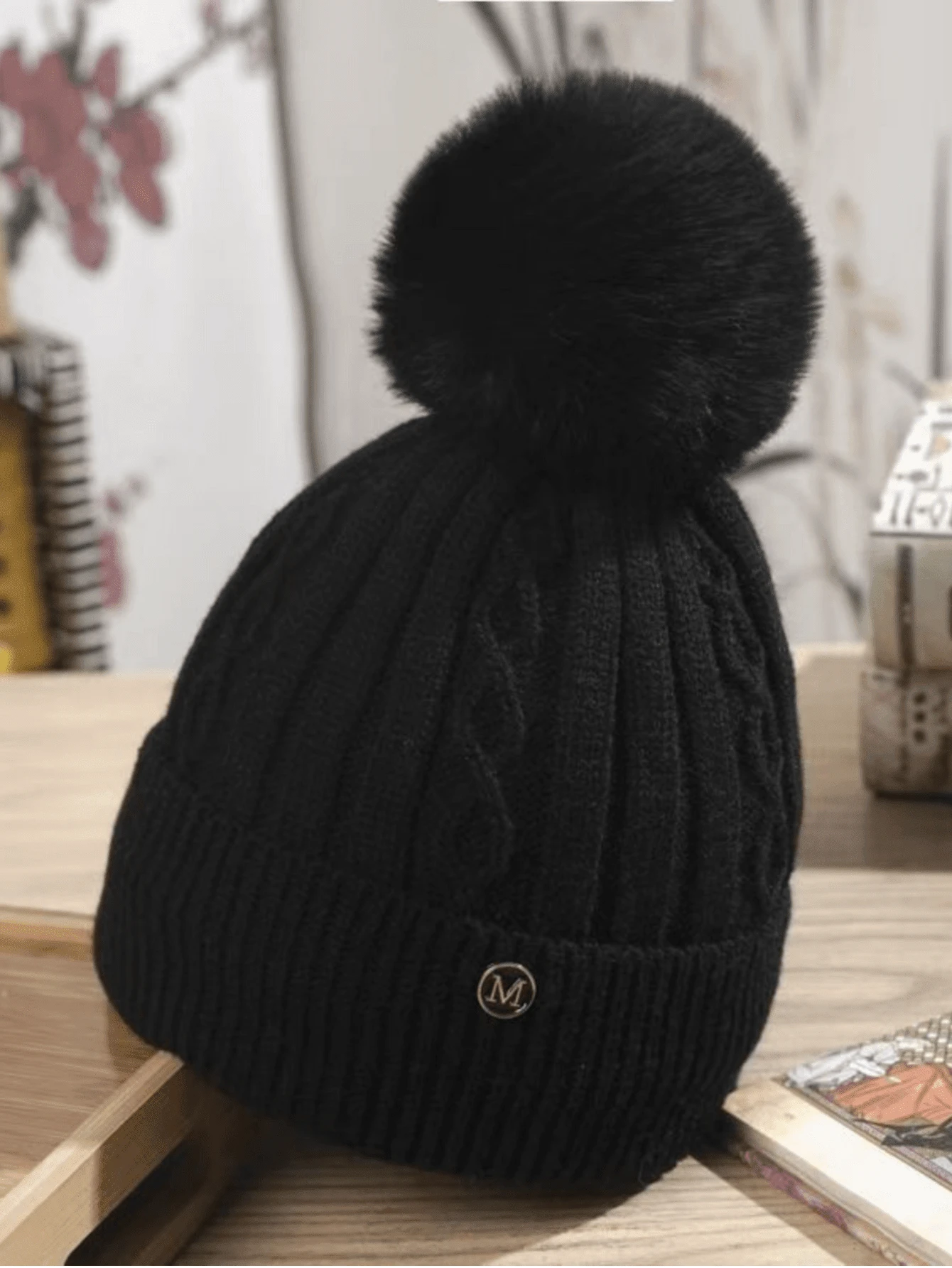 Thick & Soft M-Logo Textured Knit Beanie Hat, Elegant & Casual, Warm Thermal Lining, Pom Pom - Multicolor - View 1